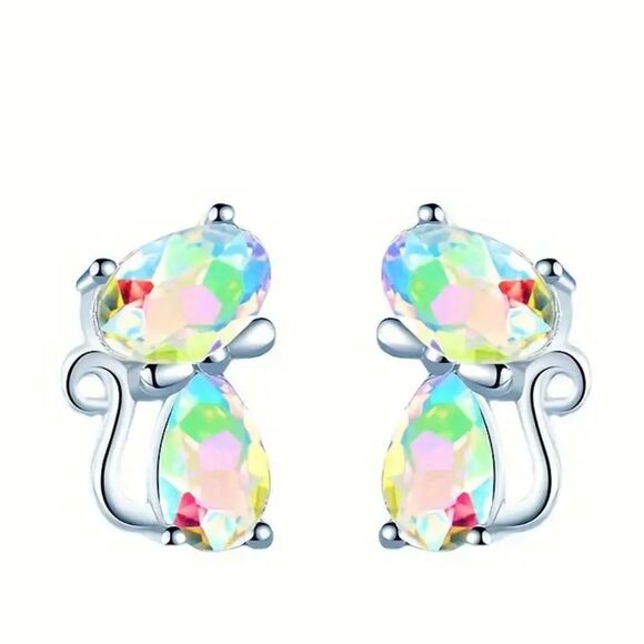 - 😺Petite Tiny Sterling Silver (925) Iridescent Diamond Cat Earrings💎 - Picture 1 of 16